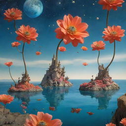 Surreal scene in the style of Salvador Dali, with giant flowers sprouting from floating islands. Masterfully blend elements of coral reefs, butterflies, and stars into the composition.