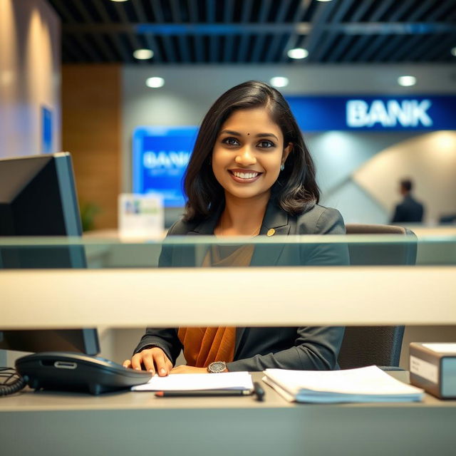 A beautiful Indian receptionist sitting at her desk in a bank, dressed in professional attire, with a warm smile and approachable demeanor