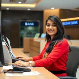 A beautiful Indian receptionist sitting at her desk in a bank, dressed in professional attire, with a warm smile and approachable demeanor