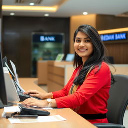 A beautiful Indian receptionist sitting at her desk in a bank, dressed in professional attire, with a warm smile and approachable demeanor