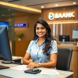 A beautiful Indian receptionist sitting at her desk in a bank, dressed in professional attire, with a warm smile and approachable demeanor