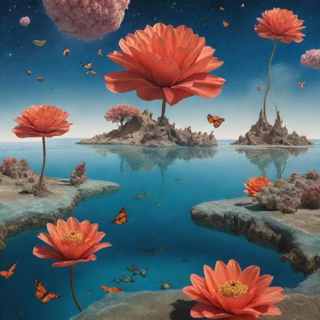 Surreal scene in the style of Salvador Dali, with giant flowers sprouting from floating islands. Masterfully blend elements of coral reefs, butterflies, and stars into the composition.