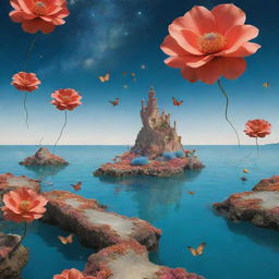 Surreal scene in the style of Salvador Dali, with giant flowers sprouting from floating islands. Masterfully blend elements of coral reefs, butterflies, and stars into the composition.