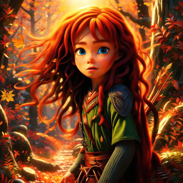 A classic Pixar movie scene with a girl with wild red hair in a forest during fall, radiating warmth and nostalgia.