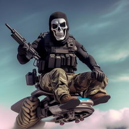 A rifle-armed kidnapper donned in a skeleton face mask and normal bullet-proof vest, effortlessly riding on a hover-board high in the sky.