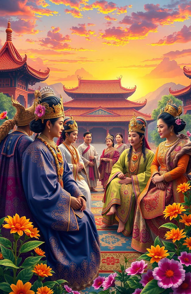 A majestic and colorful representation of the Samoedra Dynasty, showcasing elaborate traditional clothing with intricate patterns, ornate jewelry, and traditional architecture in the background