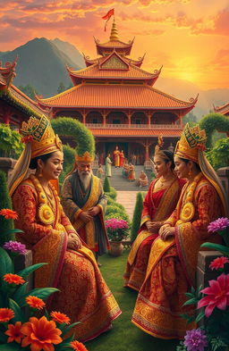 A majestic and colorful representation of the Samoedra Dynasty, showcasing elaborate traditional clothing with intricate patterns, ornate jewelry, and traditional architecture in the background