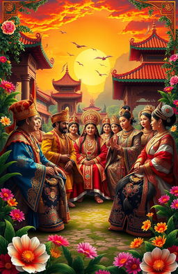 A majestic and colorful representation of the Samoedra Dynasty, showcasing elaborate traditional clothing with intricate patterns, ornate jewelry, and traditional architecture in the background