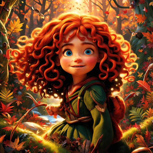 A high-definition Pixar movie scene featuring a girl with extremely curly red hair in an autumn forest, embodying the classic Pixar charm.