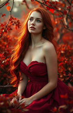 A portrait of a striking woman with rich, deep red hair flowing elegantly down her back, her skin glowing with a warm, reddish undertone, embodying the essence of sanguine