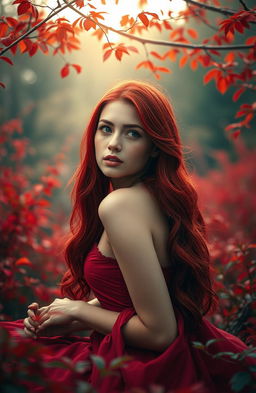 A portrait of a striking woman with rich, deep red hair flowing elegantly down her back, her skin glowing with a warm, reddish undertone, embodying the essence of sanguine