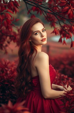 A portrait of a striking woman with rich, deep red hair flowing elegantly down her back, her skin glowing with a warm, reddish undertone, embodying the essence of sanguine