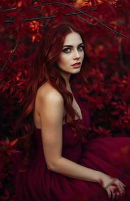 A portrait of a striking woman with rich, deep red hair flowing elegantly down her back, her skin glowing with a warm, reddish undertone, embodying the essence of sanguine