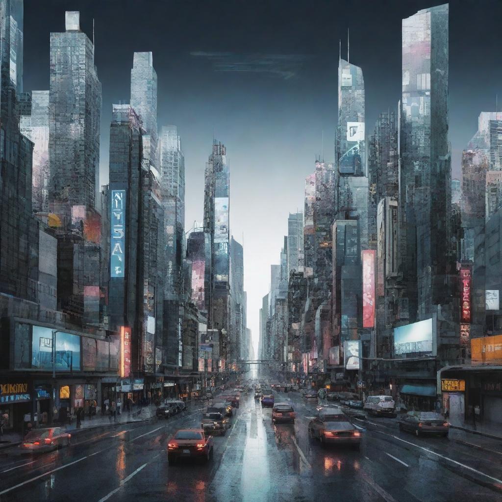 Innovative mixed media-style digital art combining 3D models, glitch art, and photography. The artwork features futuristic cityscapes distinguished by unexpected textures, layers, and dimensions.