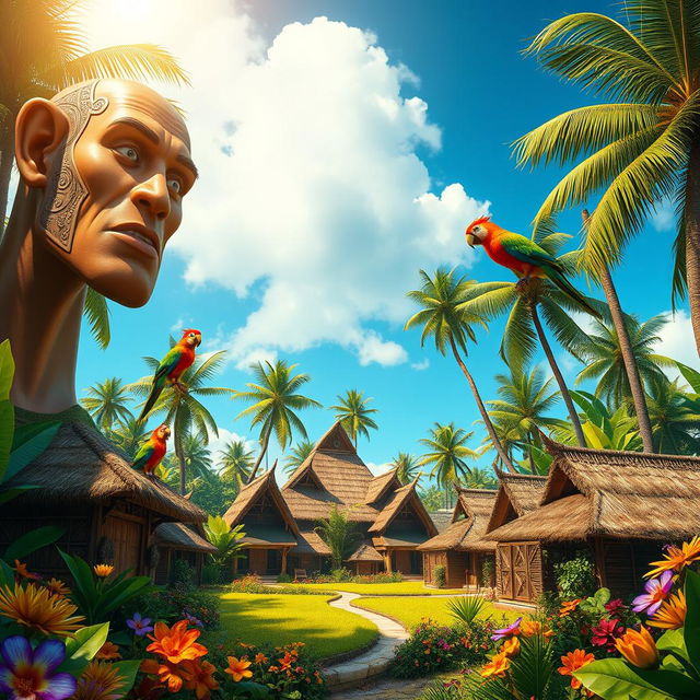 A surreal scene depicting a vibrant tropical village surrounded by lush greenery and colorful flowers, where giant humanoid figures with exaggerated features loom over the village