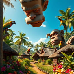 A surreal scene depicting a vibrant tropical village surrounded by lush greenery and colorful flowers, where giant humanoid figures with exaggerated features loom over the village