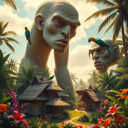 A surreal scene depicting a vibrant tropical village surrounded by lush greenery and colorful flowers, where giant humanoid figures with exaggerated features loom over the village