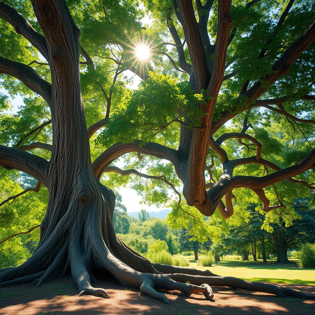 A stunningly photorealistic tree with a thick trunk and extensive branches, set against a serene natural background