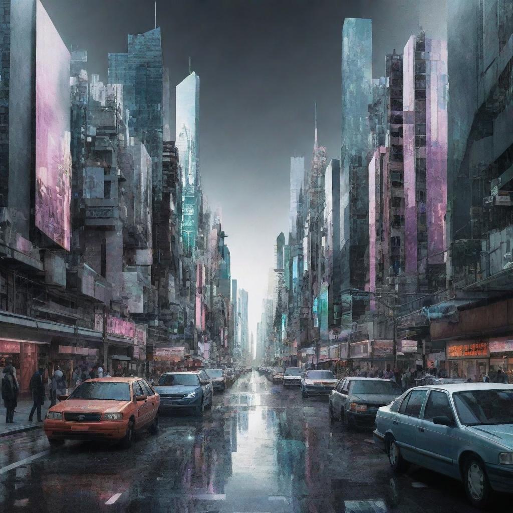 Innovative mixed media-style digital art combining 3D models, glitch art, and photography. The artwork features futuristic cityscapes distinguished by unexpected textures, layers, and dimensions.