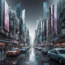 Innovative mixed media-style digital art combining 3D models, glitch art, and photography. The artwork features futuristic cityscapes distinguished by unexpected textures, layers, and dimensions.