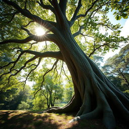 A stunningly photorealistic tree with a thick trunk and extensive branches, set against a serene natural background