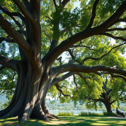 A stunningly photorealistic tree with a thick trunk and extensive branches, set against a serene natural background