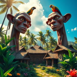 A surreal scene depicting a vibrant tropical village surrounded by lush greenery and colorful flowers, where giant humanoid figures with exaggerated features loom over the village