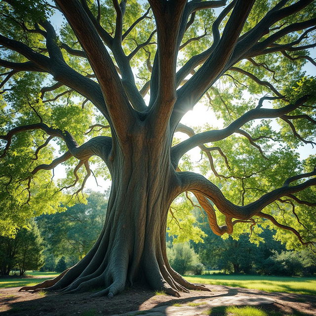 A stunningly photorealistic tree with a thick trunk and extensive branches, set against a serene natural background