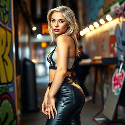 A petite, skinny blonde girl with a small waist, wearing skintight high-waisted leather pants and a stylish crop top