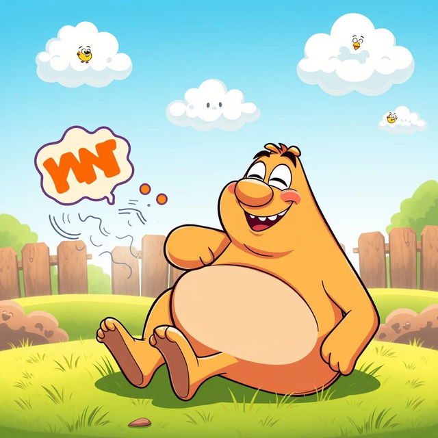 A whimsical cartoon scene depicting a mischievous cartoon character, with a cheeky grin, sitting on a vibrant green lawn