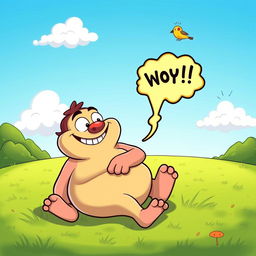 A whimsical cartoon scene depicting a mischievous cartoon character, with a cheeky grin, sitting on a vibrant green lawn