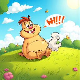 A whimsical cartoon scene depicting a mischievous cartoon character, with a cheeky grin, sitting on a vibrant green lawn