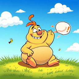 A whimsical cartoon scene depicting a mischievous cartoon character, with a cheeky grin, sitting on a vibrant green lawn