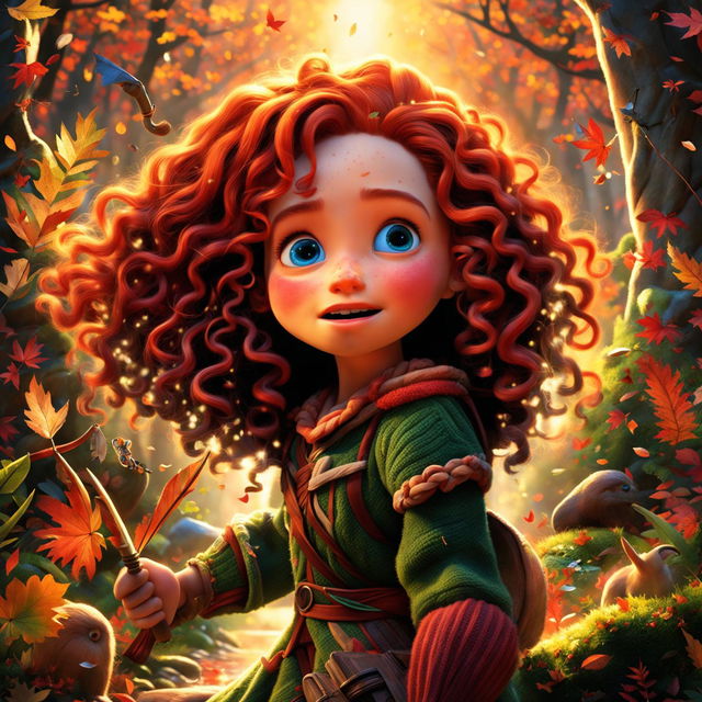 A quintessential high-definition Pixar movie scene featuring a girl with extremely curly red hair in an autumn forest.