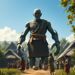 A realistic scene showcasing a giant humanoid figure standing imposingly in a traditional village, surrounded by villagers who look up in awe and curiosity