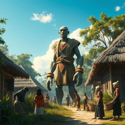 A realistic scene showcasing a giant humanoid figure standing imposingly in a traditional village, surrounded by villagers who look up in awe and curiosity