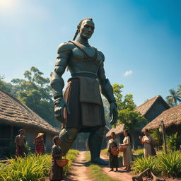 A realistic scene showcasing a giant humanoid figure standing imposingly in a traditional village, surrounded by villagers who look up in awe and curiosity