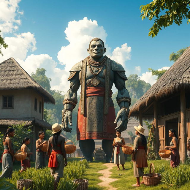 A realistic scene showcasing a giant humanoid figure standing imposingly in a traditional village, surrounded by villagers who look up in awe and curiosity