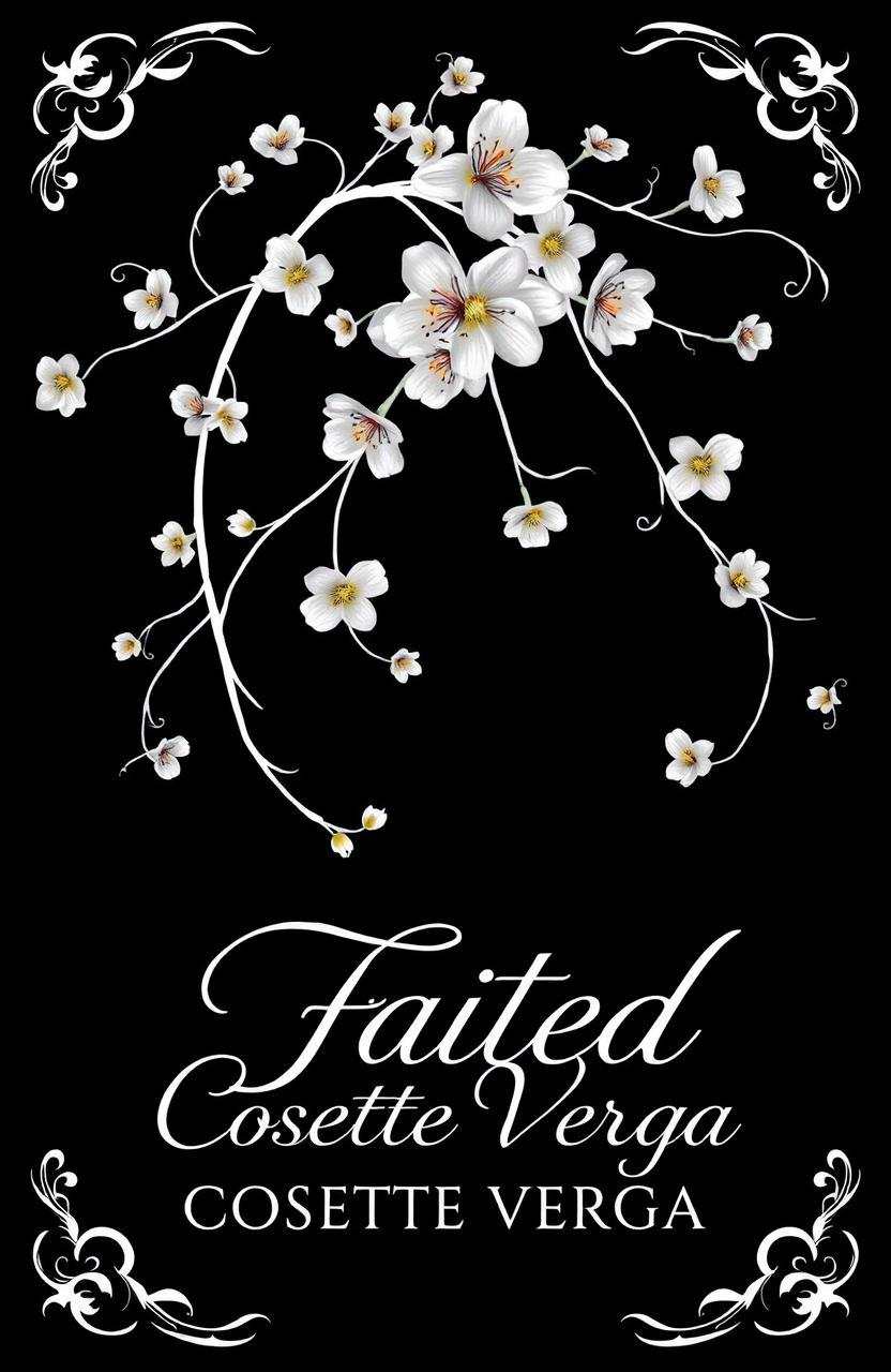 A stunning design featuring a black background contrasted with a gracefully curved white vine adorned with blooming flowers