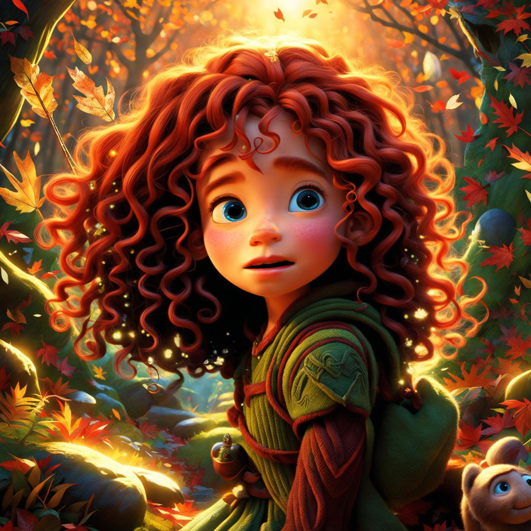 A high-definition Pixar movie scene featuring a girl with a charming face and extremely curly red hair in an autumn forest.