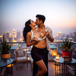 A seductive scene featuring an attractive woman inspired by Nushrath Bharucha, wearing a short skirt and bold red lipstick