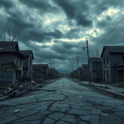 A hauntingly desolate street scene depicting an apocalyptic world, featuring crumbling, ruined homes and debris scattered across the cracked pavement