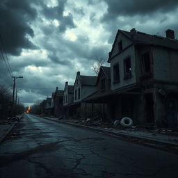 A hauntingly desolate street scene depicting an apocalyptic world, featuring crumbling, ruined homes and debris scattered across the cracked pavement