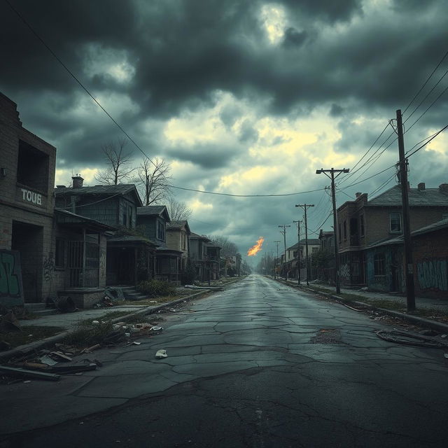 A hauntingly desolate street scene depicting an apocalyptic world, featuring crumbling, ruined homes and debris scattered across the cracked pavement