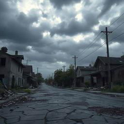 A hauntingly desolate street scene depicting an apocalyptic world, featuring crumbling, ruined homes and debris scattered across the cracked pavement