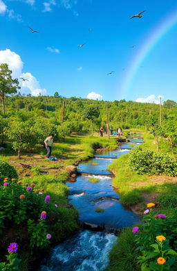 A serene landscape showcasing eco-rehabilitation, featuring a lush green forest with diverse plant life being restored after deforestation