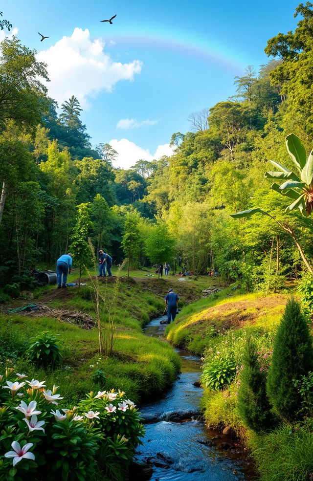 A serene landscape showcasing eco-rehabilitation, featuring a lush green forest with diverse plant life being restored after deforestation