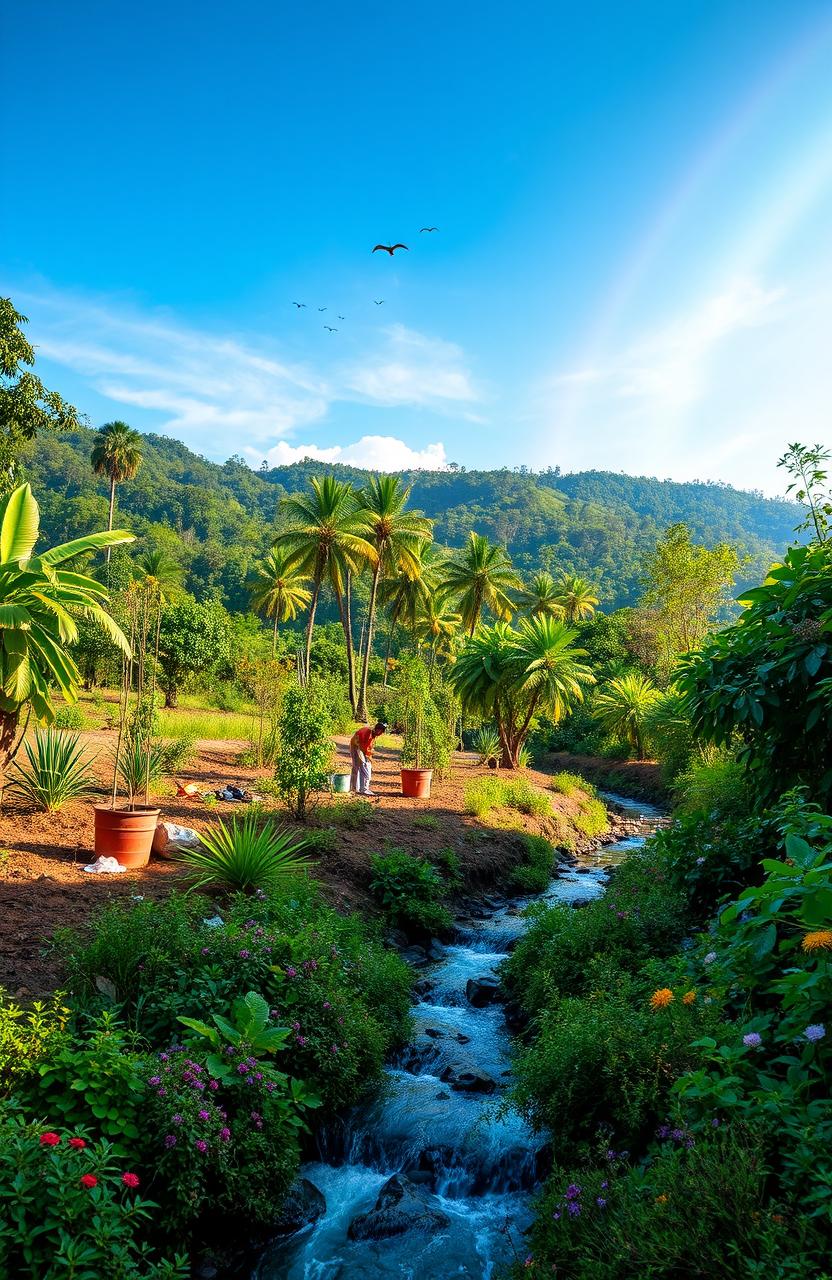 A serene landscape showcasing eco-rehabilitation, featuring a lush green forest with diverse plant life being restored after deforestation