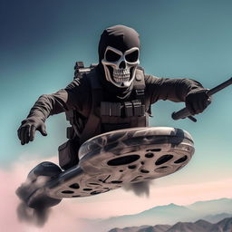 A rifle-armed kidnapper donned in a skeleton face mask and normal bullet-proof vest, effortlessly riding on a hover-board high in the sky.