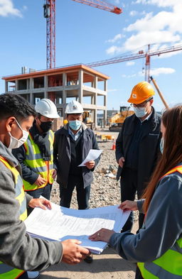 A professional setting where a diverse team of construction workers and project managers at RJS Prime Construction are engaged in discussions about social responsibility during the 'Living with COVID-19' phase